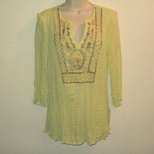 Faded Glory Green Tunic Top Crinkled Embroidered M